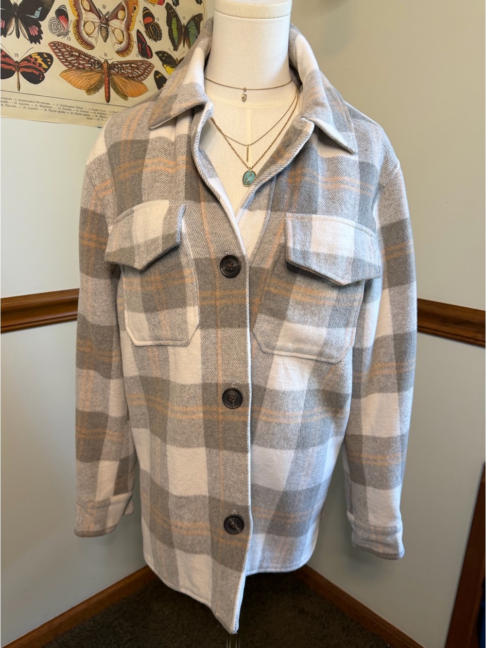 Plaid Button-Front Shacket in Gray and Cream